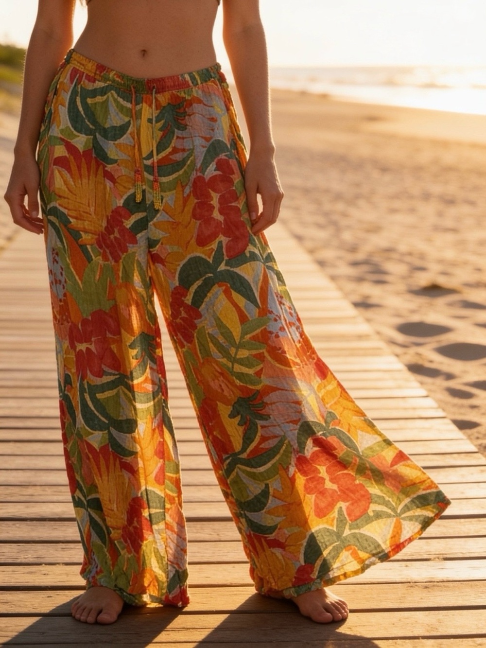 Rachel Wide-Leg Tropical Floral Pants in Yellow, Green & Orange